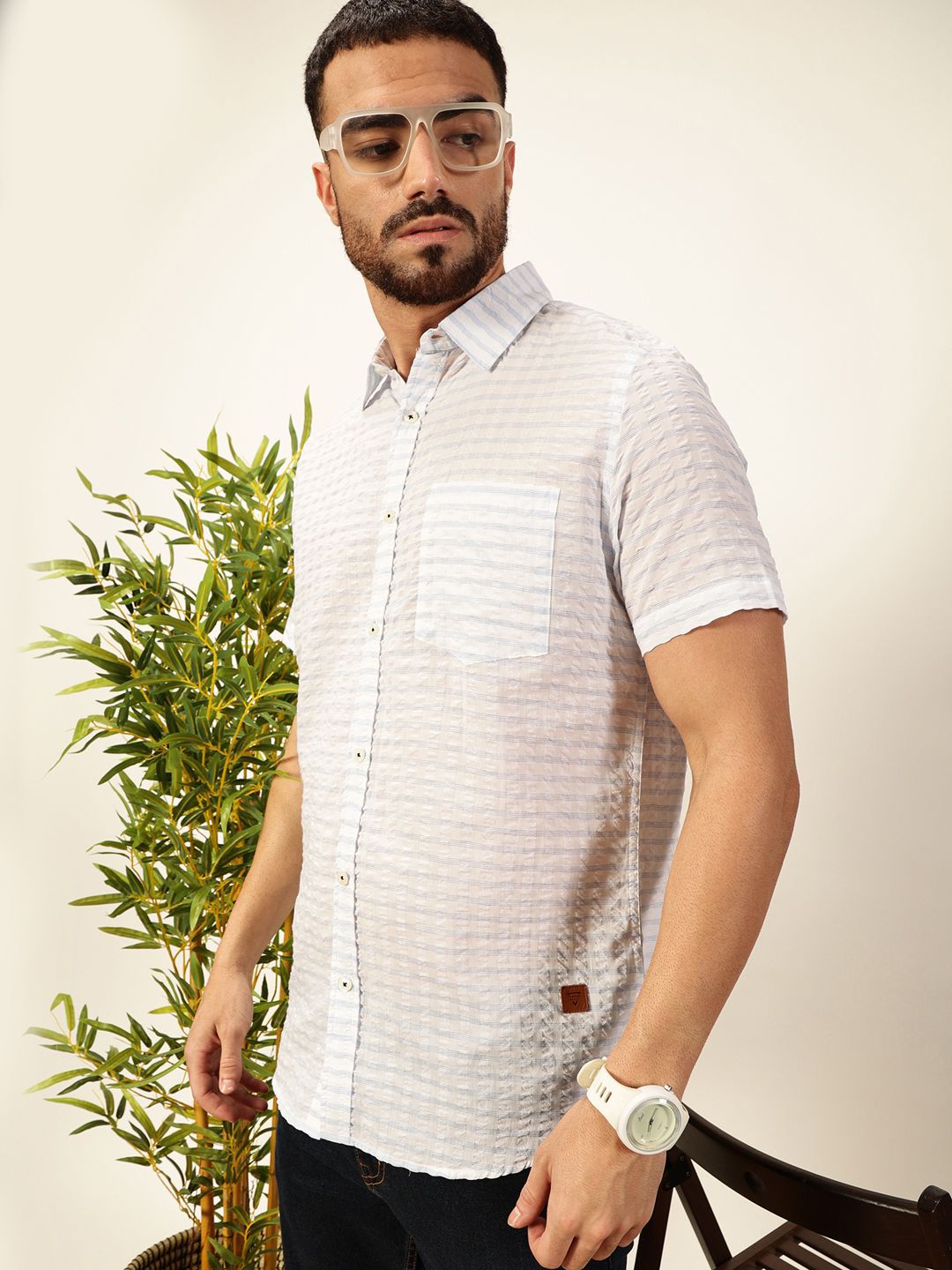 Thomas Scott Premium Spread Collar Seersucker Checks Pure Cotton Casual Shirt