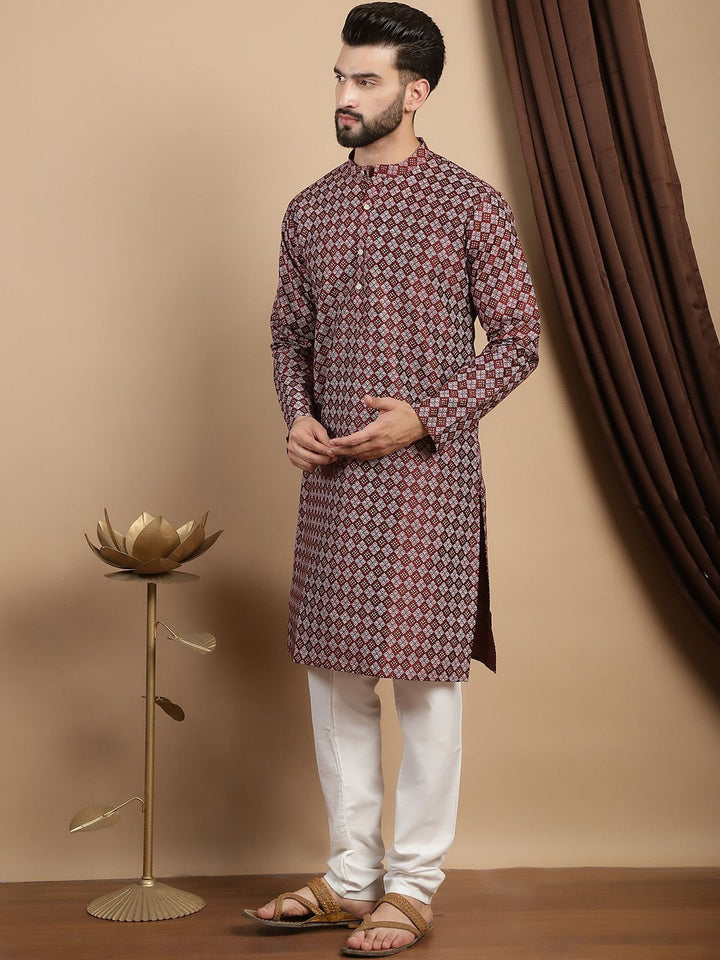 Anouk Geometric Printed Mandarin Collar Regular Straight Kurta With Churidar