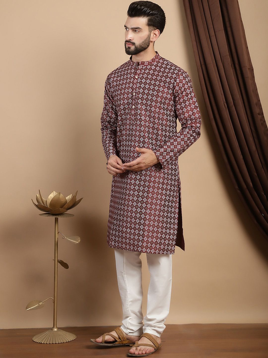 Anouk Geometric Printed Mandarin Collar Regular Straight Kurta With Churidar