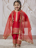 VASTRAMAY Girls Geometric Yoke Design Regular Kurta With Trouser With Dupatta