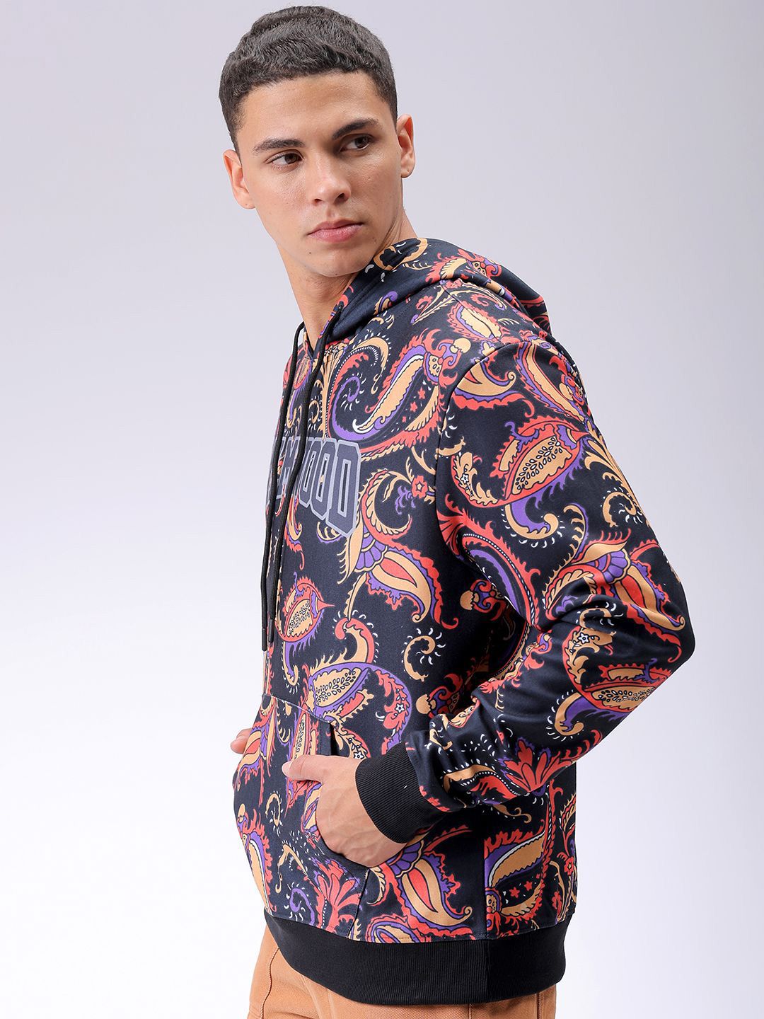 The Indian Garage Co Men Abstract Printed Hooded Sweatshirt