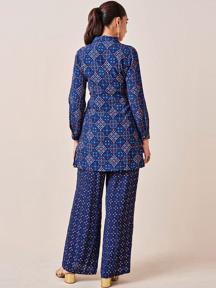 Global Desi Printed Lapel Collar Tunic With Trousers