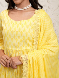 Vishudh yellow Ethnic Motifs Printed Anarkali Gathered Kurta With Trousers & Dupatta