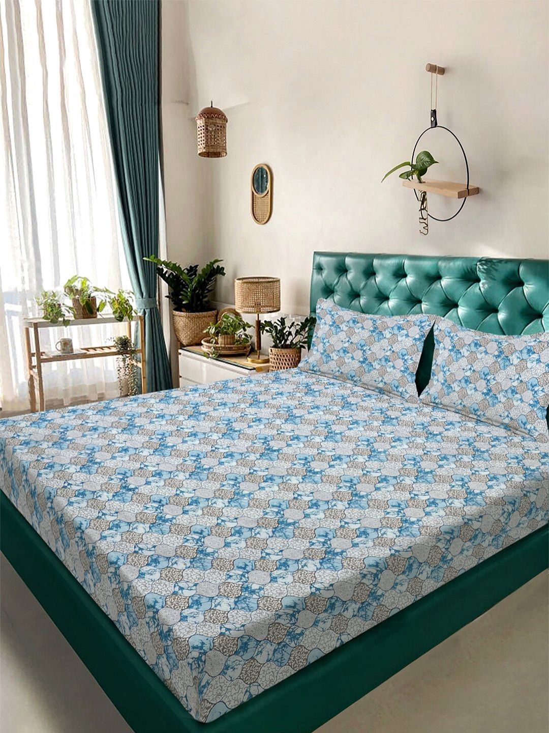 KLOTTHE Biru Kapas Bunga 300 TC Cadar King Halus dengan 2 Sarung Bantal-98 x 89 inci