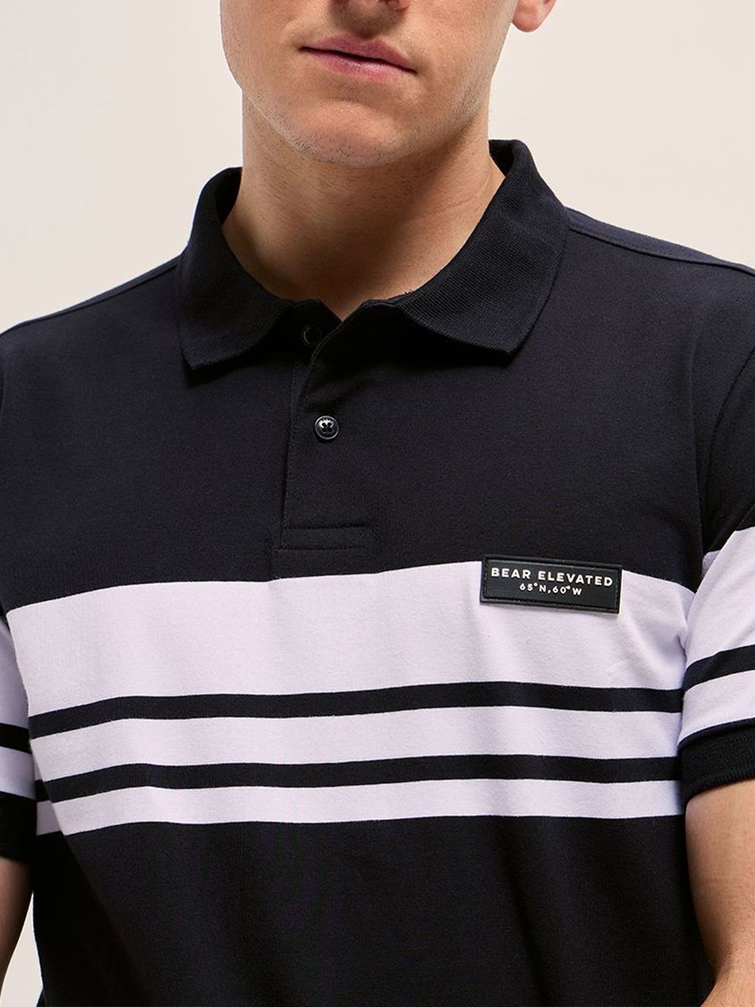 THE BEAR HOUSE Men Striped Polo Collar Cotton T-shirt
