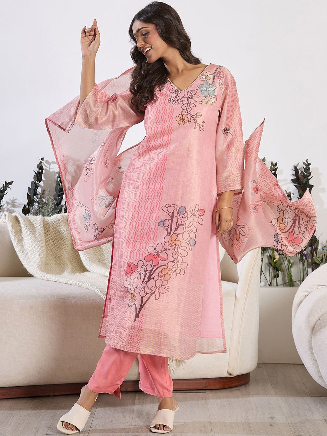 Indo Era Floral Printed Round Neck Straight Kurta With Trousers & Dupatta