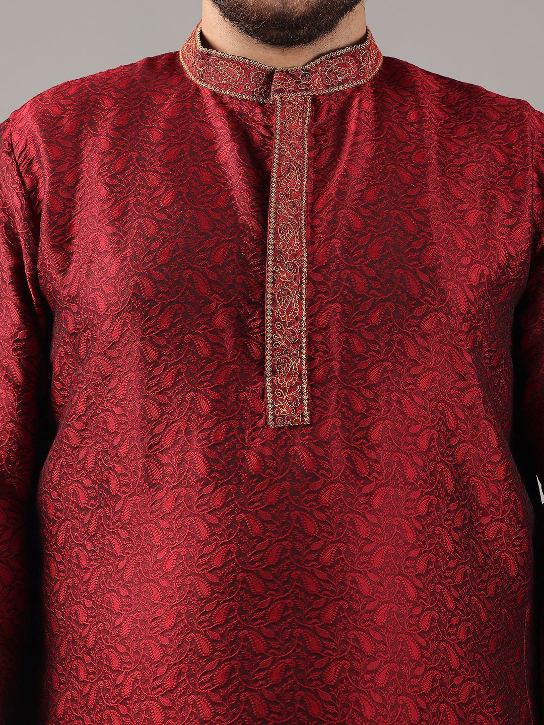 SOJANYA PLUS Plus Size Lelaki Paisley Woven Design Band Collar Straight Kurta With Pajama