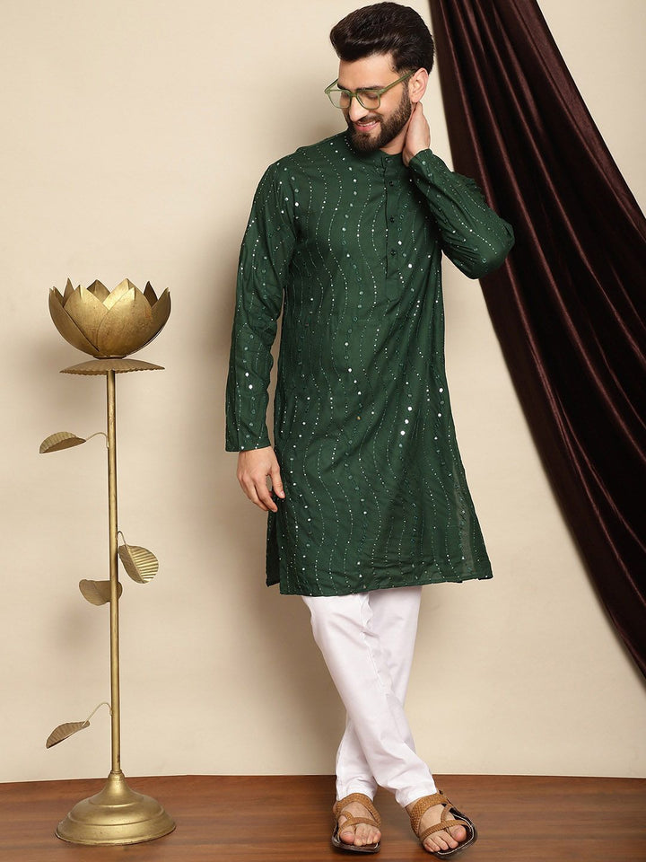 Anouk Green Mandarin Collar Sequinned Pure Cotton Straight Kurta with Pyjamas