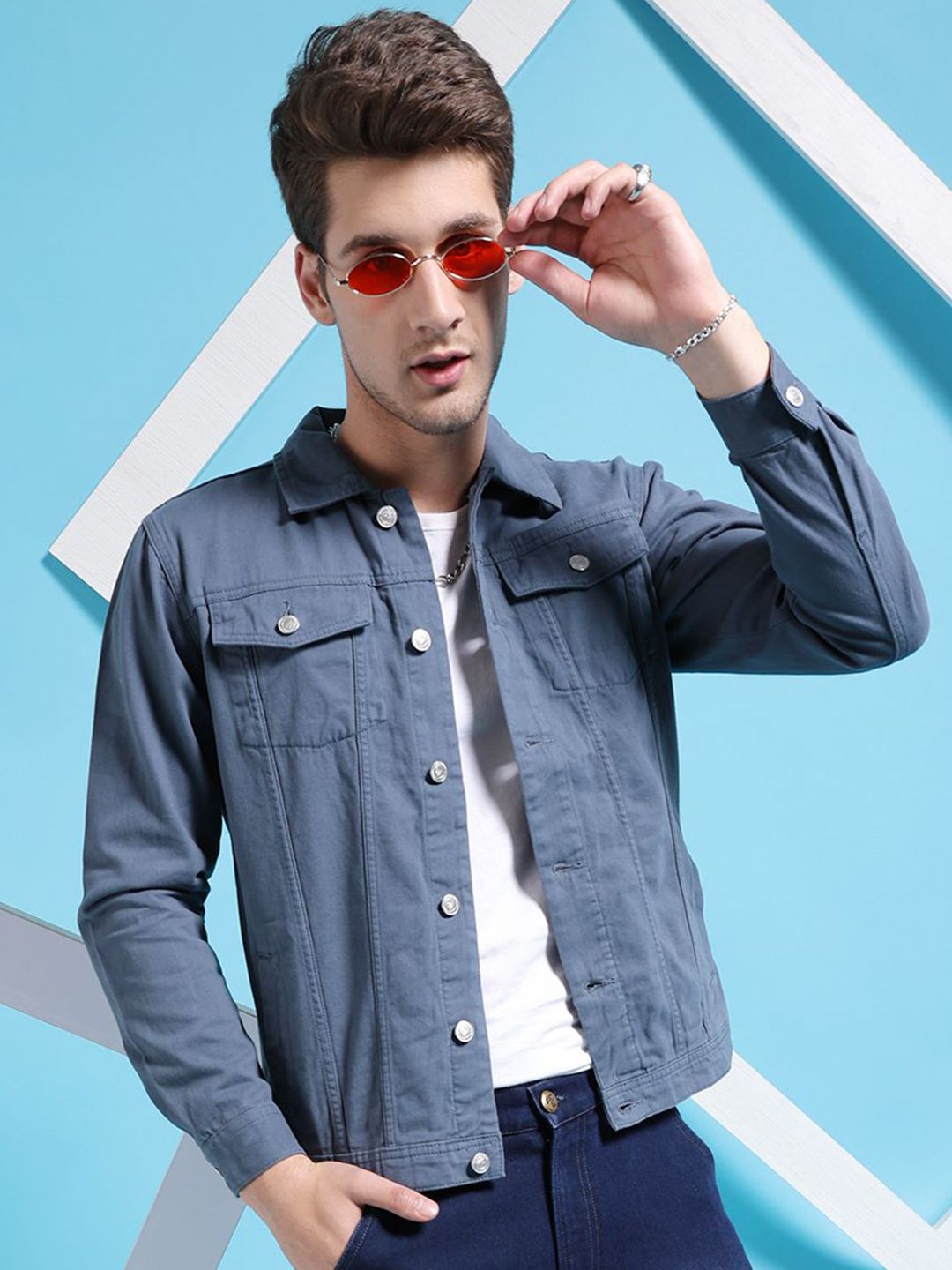 The Indian Garage Co Men Slim Fit Denim Trucker Jacket with Double Flap Pockets