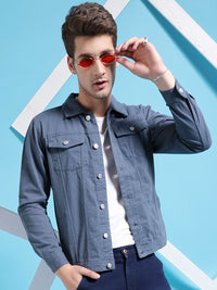 The Indian Garage Co Men Slim Fit Denim Trucker Jacket with Double Flap Pockets
