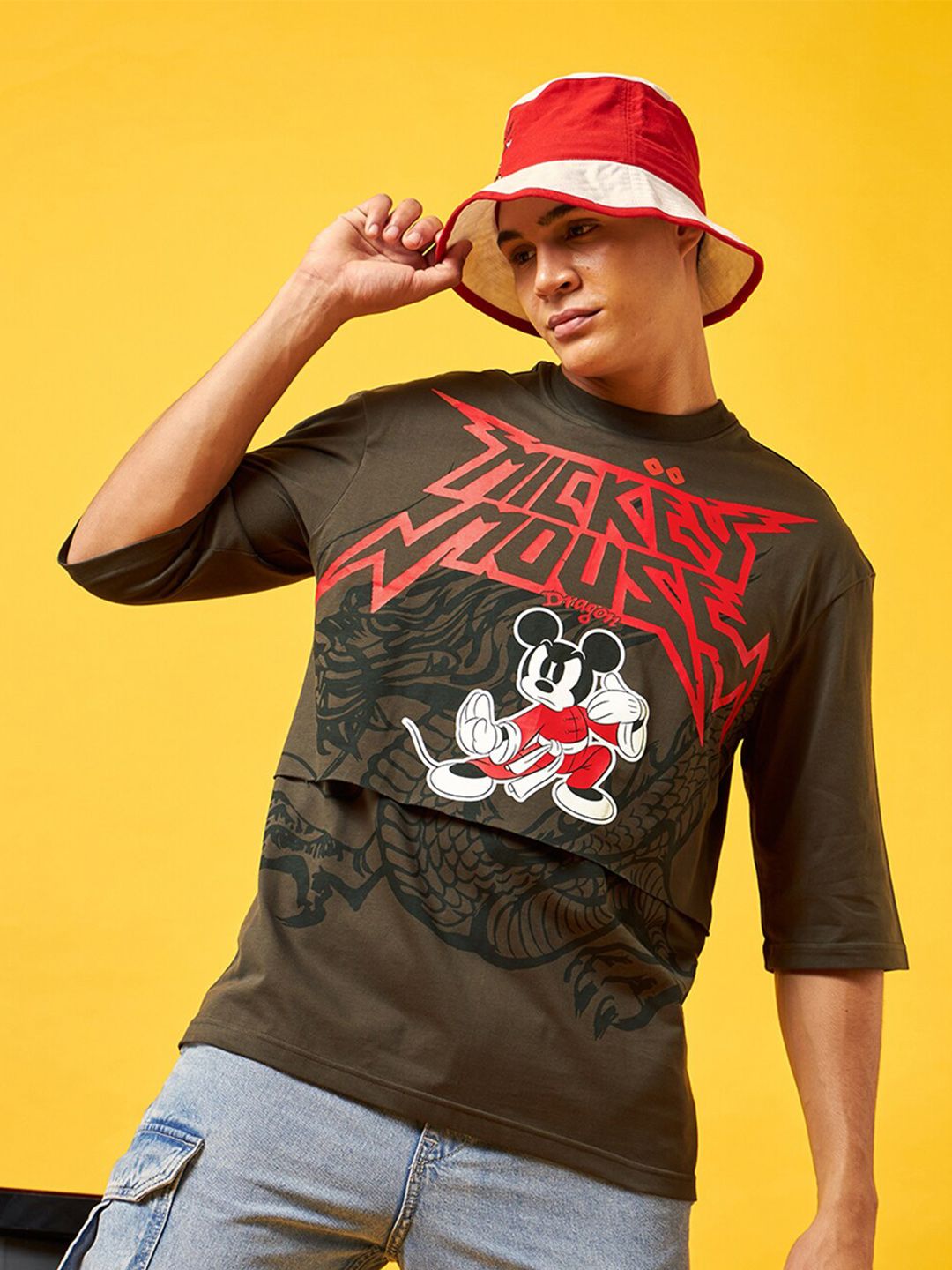 Bewakoof Mickey Mouse Printed Drop-Shoulder Sleeves Oversized Pure Cotton T-shirt