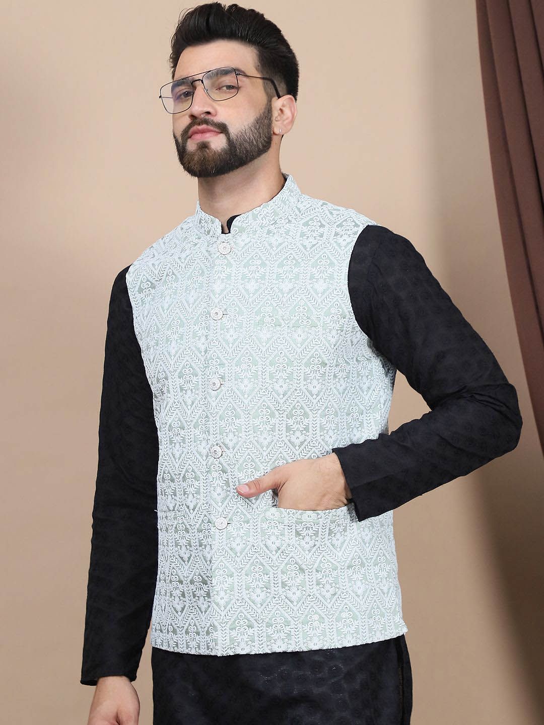 Anouk Black Ethnic Motifs Embroidered Pure Cotton Straight Kurta with Churidar