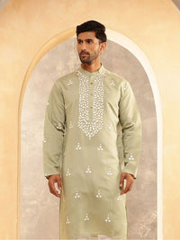 Anouk Geometric Embroidered Band Collar Thread Work Cotton Silk Straight Kurta