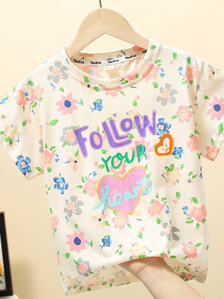 YK Girls Typography Printed Tropical Applique T-shirt