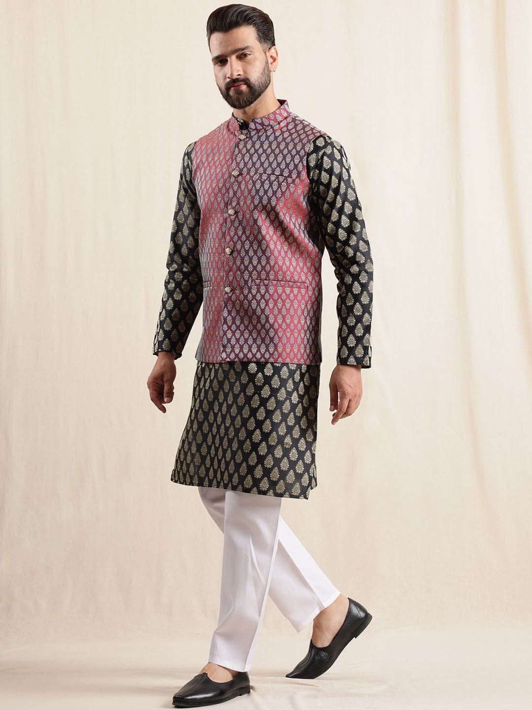 Anouk Men Floral Printed Kurta with Pyjamas & Nehru Jacket