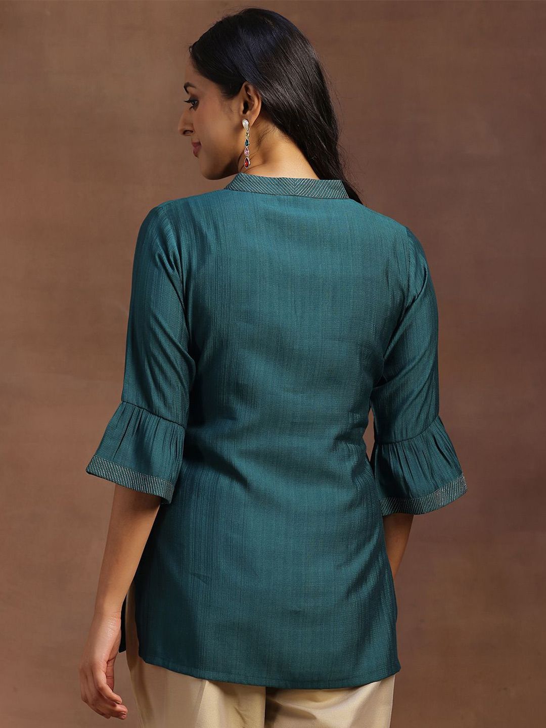 Libas Striped V-Neck Bell Sleeves Zari Straight Kurti