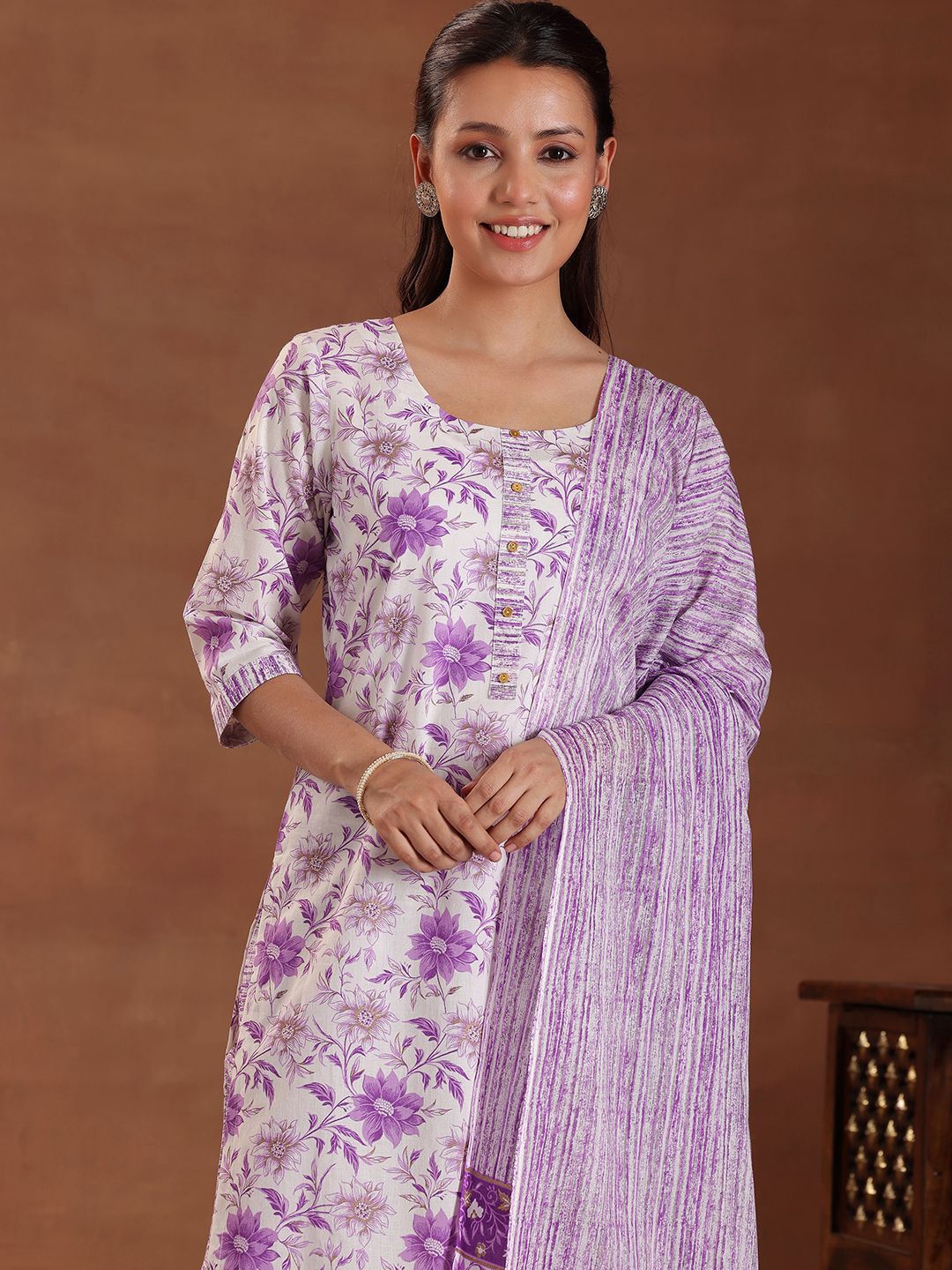 Libas Floral Printed Pure Cotton Straight Kurta with Trousers & With Dupatta