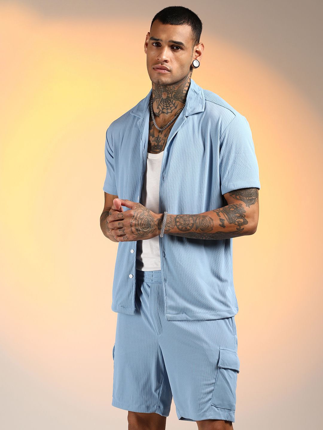 Campus Sutra Ribbed Utility Shirt with Shorts