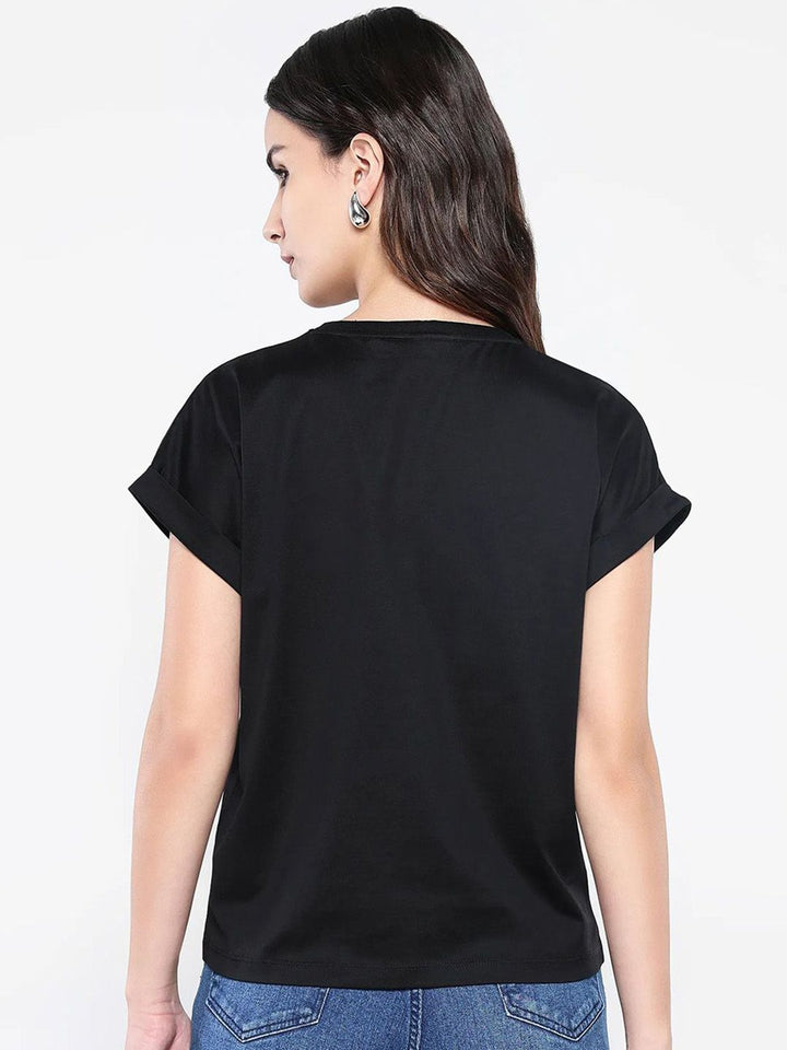Rareism Wanita Pepejal Leher Kapas T-Shirt Santai