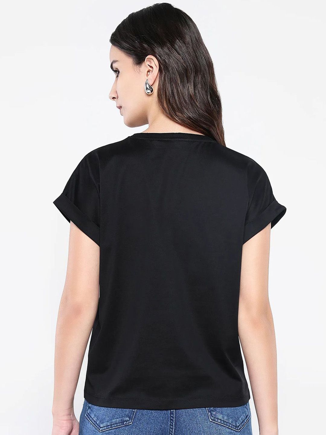 Rareism Wanita Pepejal Leher Kapas T-Shirt Santai