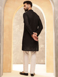 Anouk Black Geometric Embroidered Mandarin Collar Pure Cotton Kurta With Pyjama