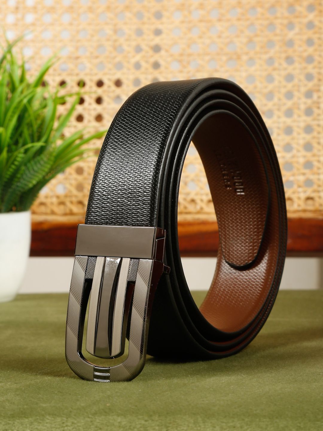 Teakwood Leathers Men Textured Leather Reversible Formal Belt