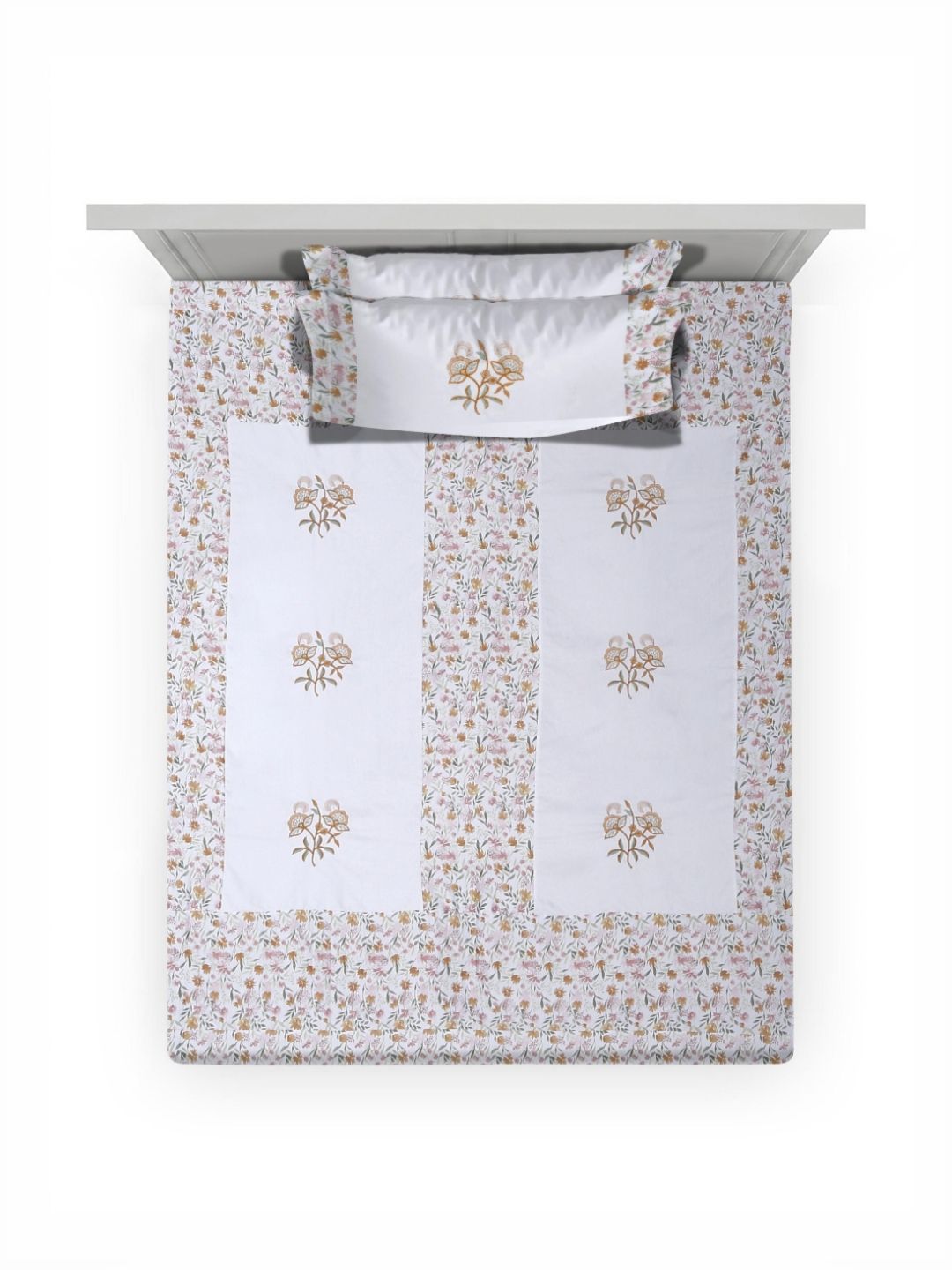Myntra Elegant Homes White Floral Cotton 400 TC Single Superfine Bedsheet with 2 Pillow Covers-225 x 150 cm