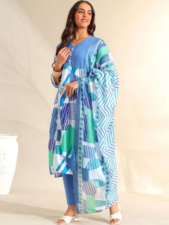 Mamicha Wanita Bercetak Kurta Kapas Tulen Biasa dengan Seluar & Dengan Dupatta