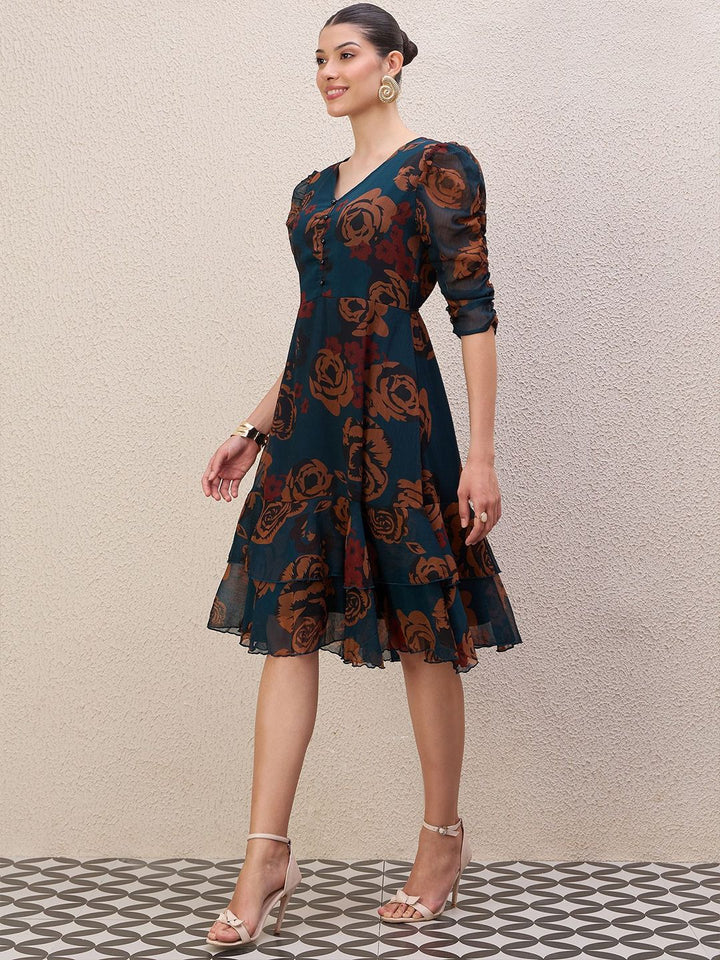 Antheaa Women Ethnic Motifs Print Puff Sleeve Gathered or Pleated A-Line Knee Length Dress
