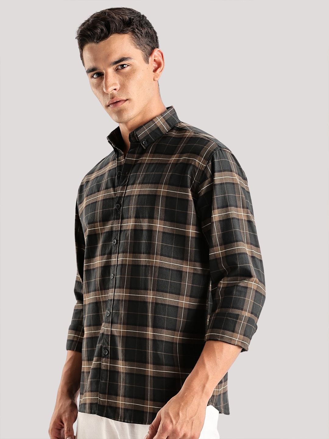 ADRO Tartan Checked Spread Collar Baju Kasual Kapas Lengan Panjang