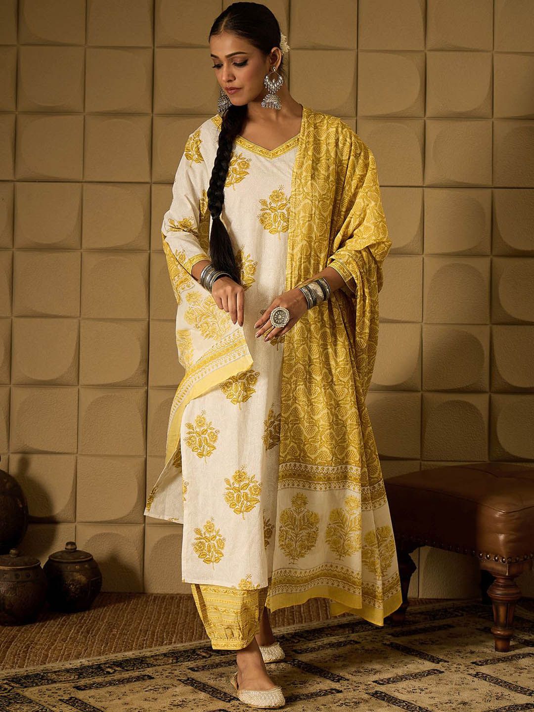 Indo Era Floral Printed V-Neck Pure Cotton Straight Kurta With Salwar & Dupatta