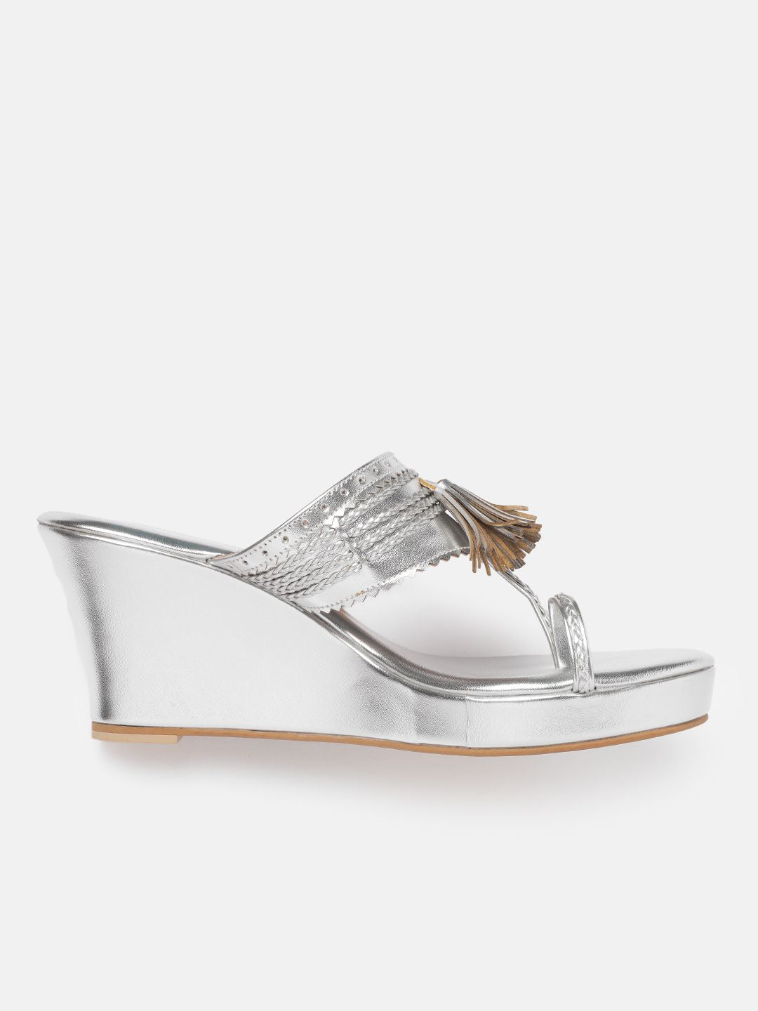 House of Pataudi Open-Toe Woven Design Wedge Heels with Tassels