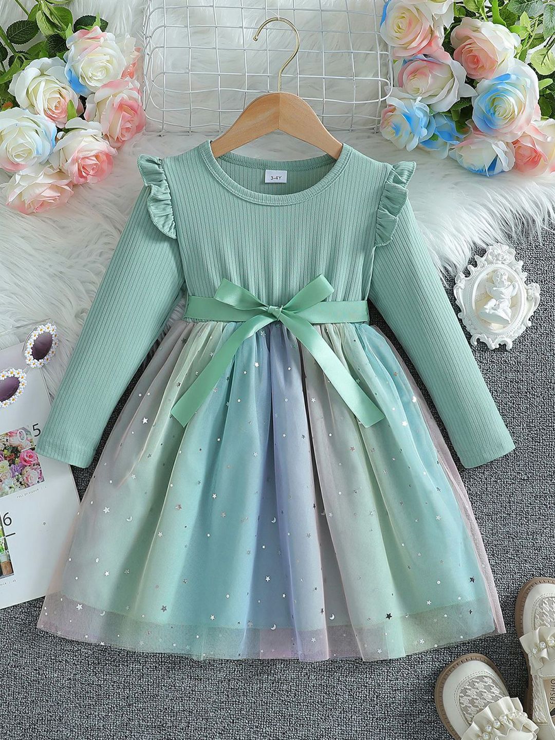 YK Girls Tie-Ups Round Neck Fit & Flare Dress
