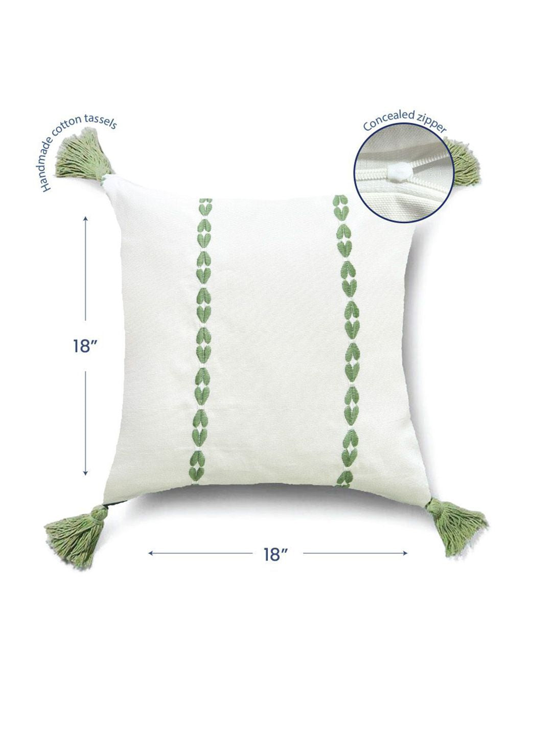 URBAN SPACE Green & White 2 Pieces Embroidered Pure Cotton Square Cushion Covers