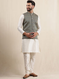 Anouk Men's Silk Blend Cream Kurta Pyjama With Woven Design Green Nehru Jacket