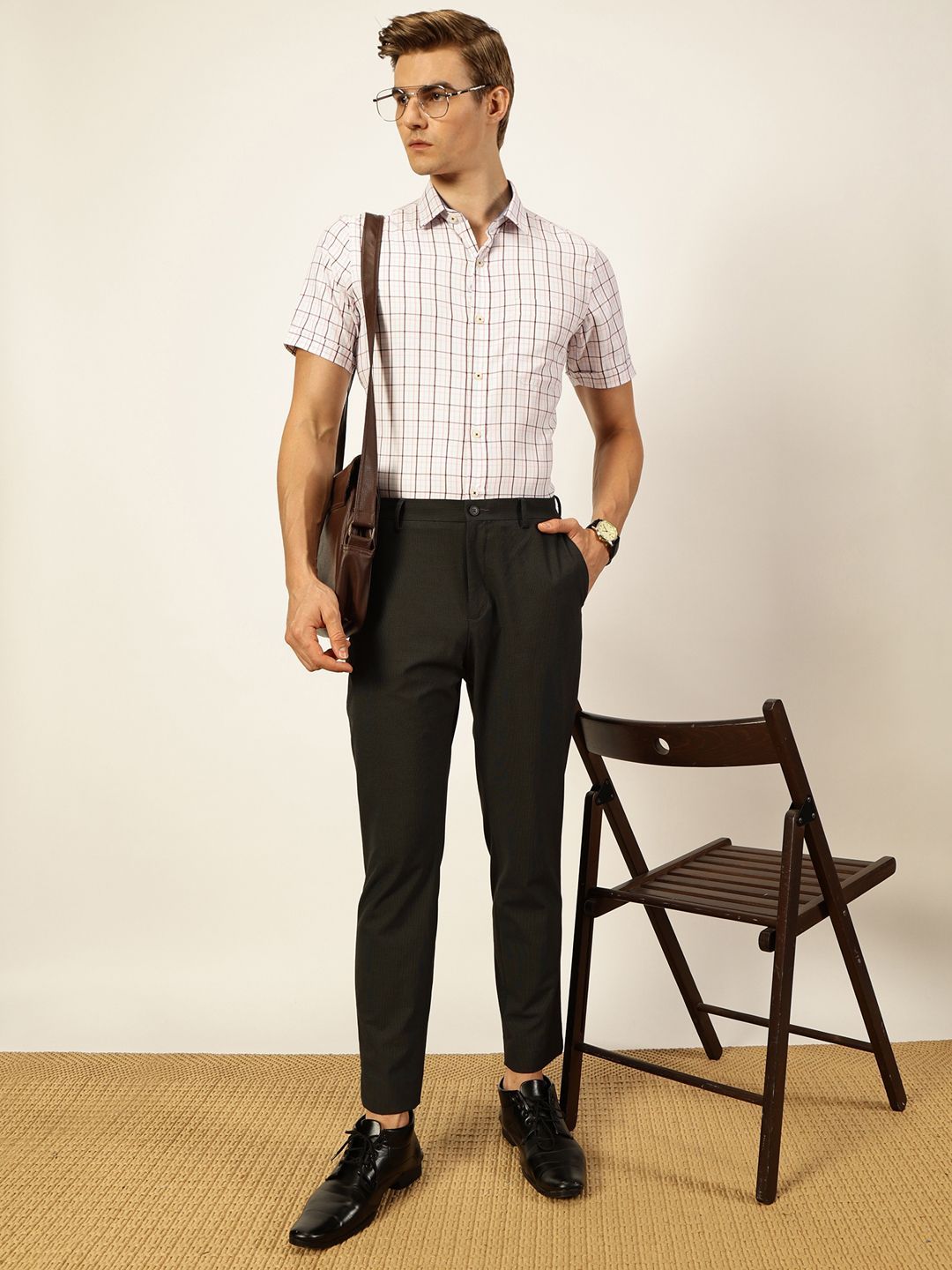 Thomas Scott Men Smart Spread Collar Tartan Checked Cotton Formal Shirt