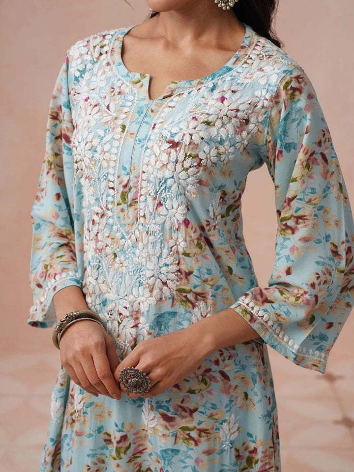 House of Chikankari Women Printed Regular Chikankari Kurta with Trousers