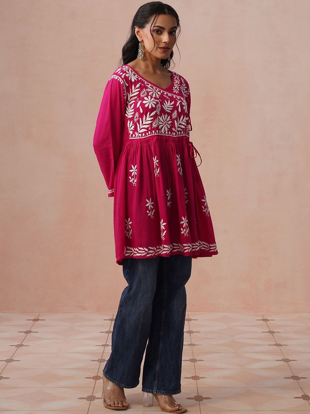 Kurta Kerja Benang Sulam Bunga Rumah Wanita Chikankari
