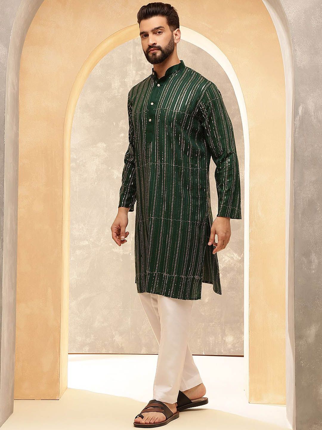 Anouk Green Geometric Sulam Jujukan Jalur Kolar Kurta Lurus