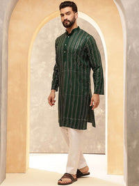 Anouk Green Geometric Sulam Jujukan Jalur Kolar Kurta Lurus