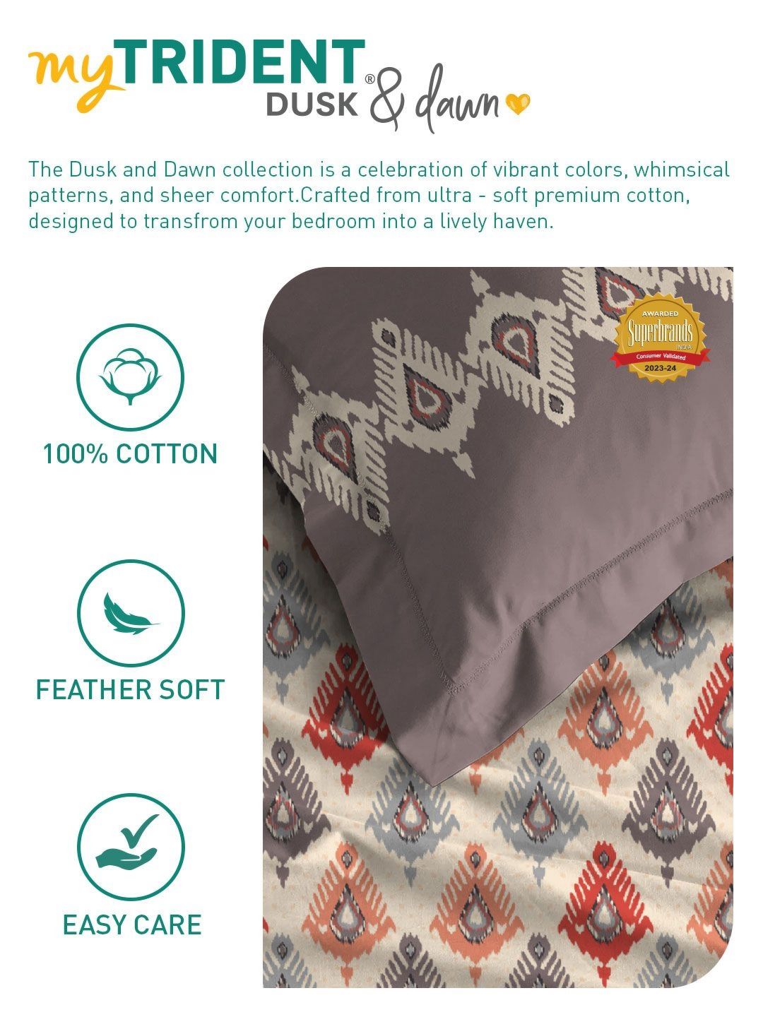 MYTRIDENT Dusk & Dawn Red Ethnic Cotton 144 TC Double Queen Bedsheet Set-2.28mX2.54m