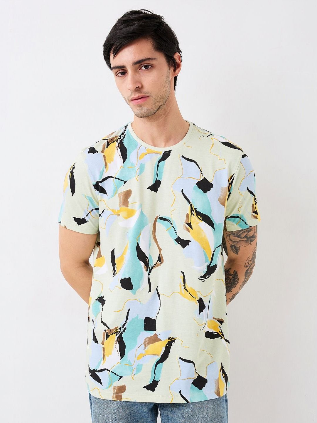 SPYKAR Men Abstract Printed Round Neck Cotton Slim Fit T-shirt