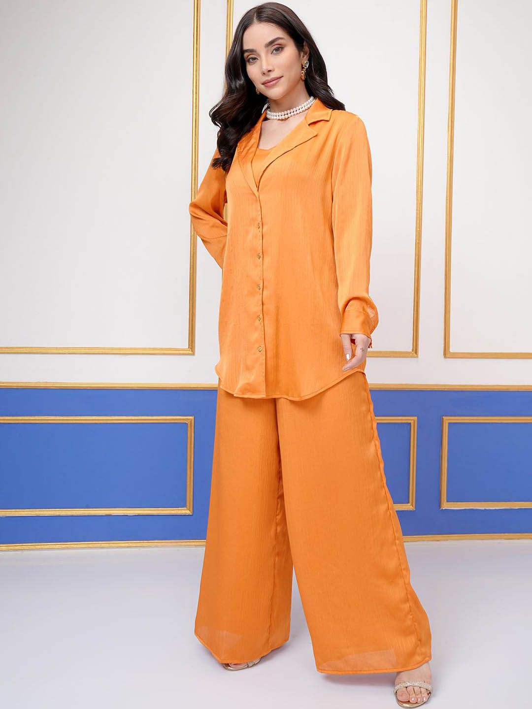 Vishudh Lapel Collar Long Sleeves Long Shirt With Palazzo With Crop Top