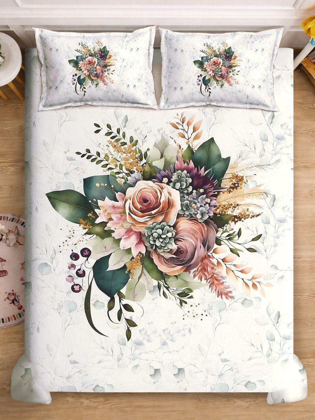 Myntra Elegant Homes White Floral 400 TC King Bedsheet with 2 Pillow Covers