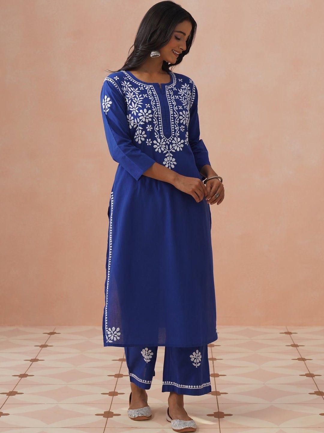 House of Chikankari Women Kurta Biasa Biru dengan Set Seluar