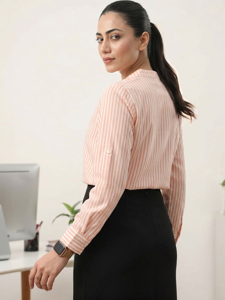 Atasan Gaya Baju Lengan Roll-Up Berjalur Mamicha