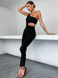 DressBerry Ribbed Cut-Out Detail One-Shoulder Slim Fit Jumpsuit