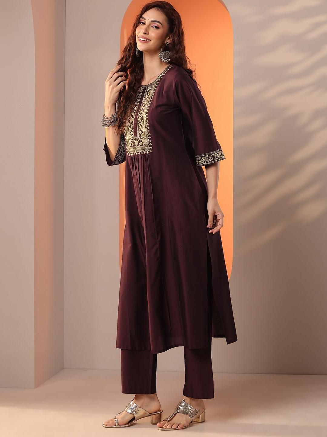 Gerua By Libas Women Floral Yoke Design Pleated Regular Kurta with Trousers