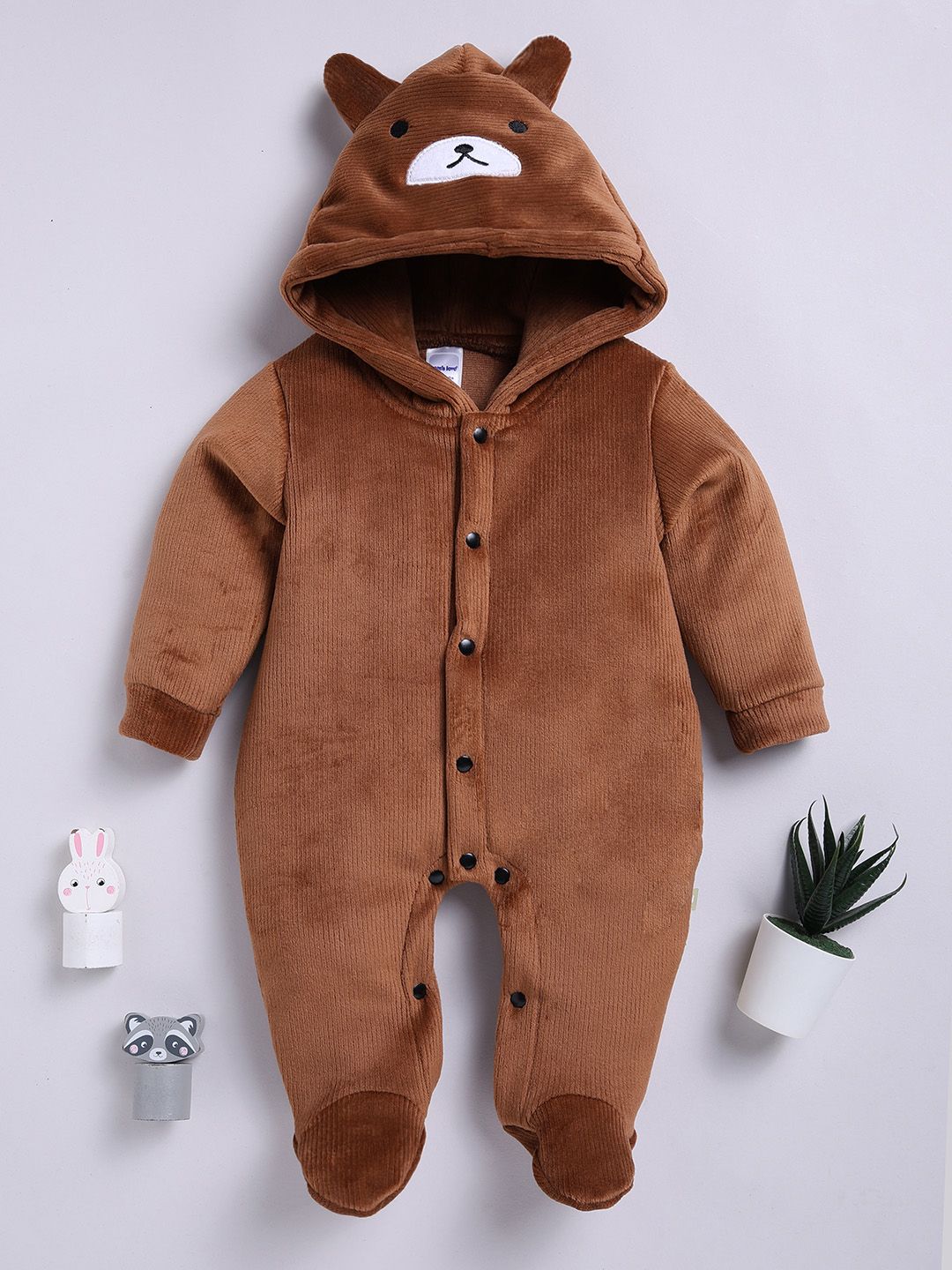 Moms Love Infant Boys Pure Cotton Velvet Finish Hooded Sleepsuit