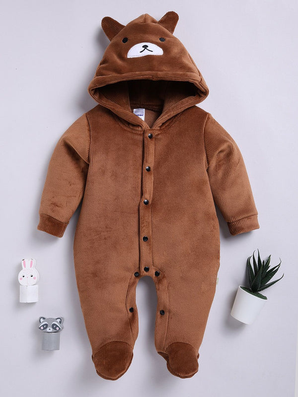 Moms Love Infant Boys Pure Cotton Velvet Finish Hooded Sleepsuit